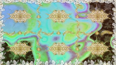 Kına dövmeli süs çiçekleri, altın çıkartmalar, mehndi ve yoga tasarımı, kartlar ve parmak izleri. Raster Golden Mehndi kusursuz desen. Mavi renkte desen.