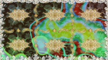 Çiçekli süslemeli, pürüzsüz bir desen. Süslü dantel iz sürücü. Doğu tarzında klasik tasarım öğesi. Duvar kâğıdı için altın süslü bir illüstrasyon. Yeşil renkler üzerine geleneksel Arapça dekor.