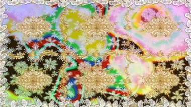 Raster illüstrasyonu. Tarafsız renklerde, altın elementlerle klasik, pürüzsüz desen.