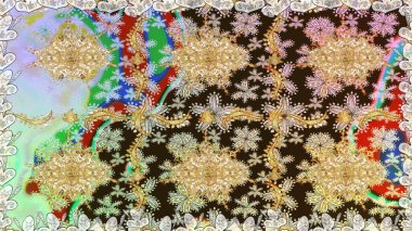 Kahverengi renklerde, altın elementlerle kusursuz desen. Raster sanatı. Hassas altın deseni açın. Parlak dantel, stilize çiçekler, şal desenli. Kusursuz altın desenli bukleler. Doğu tarzı arabesk