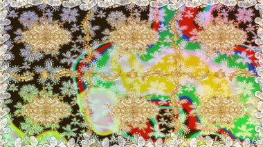 Çiçek kiremitleri. Kusursuz desenli oryantal süs. Raster altın tekstil baskısı. İslam tasarımı. Altın elementlerle nötr renklerde altın desen.