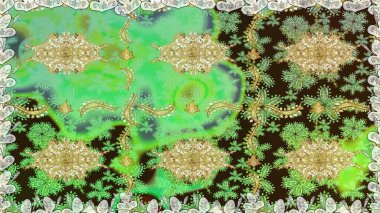 Raster oryantal süs. Kusursuz altın desen. Yeşil renklerde, altın elementlerle kusursuz desen.