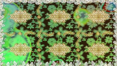Klasik raster sarısı, kusursuz desen. Çiçek süsü kumaş deseni, cam, çiçek desenli metal altın elementli yeşil renkte.