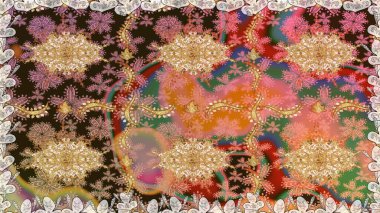 Raster illüstrasyonu. Kart, duvar kağıdı, ambalaj ve tekstil için klasik tasarım. Klasik çiçek dokusu. Kusursuz desenli altın elementler. Altın şablon. Kahverengi renkte Royal retro.