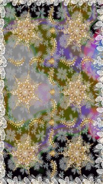 El yapımı dekoratif çerçeve, albüm kapağı, tebrik kartı, klasik Art deco tarzı. Raster soyut çiçek çelengi altın karalama fantezi yaprakları ve gri renkli çiçekler.