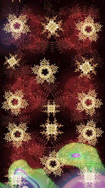 Noel, kar tanesi, yeni yıl 2019. Altın elementli siyah, kahverengi ve kırmızı renklerde eskiz kalıbı.