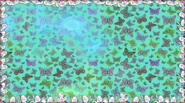 Kumaş, kağıt, ambalaj kâğıdı ve duvar kağıdı tasarımı için harika bir arka plan. Mavi ve yeşil kelebekler. Raster illüstrasyonu. Egzotik hayvanlar. Kusursuz..