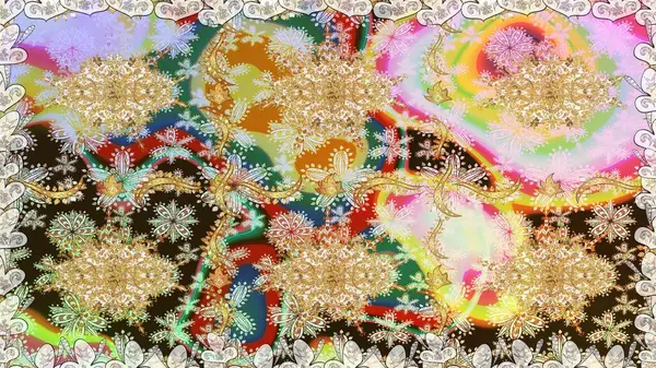 Tarafsız renklerde, altın elementlerle kusursuz desen. Doğu tarzı arabesk. Hassas altın deseni açın. Raster. Parlak dantel, stilize çiçekler, şal desenli. Kusursuz altın dokular bukleler.