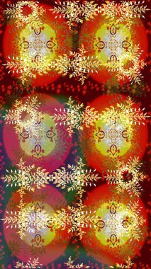 Kahverengi, kırmızı ve sarı renkler. Noel ve yeni yıl moda baskıları için tatil tasarımı. Raster illüstrasyonu. Kar tanelerinin soyut arkaplanlı Noel deseni.