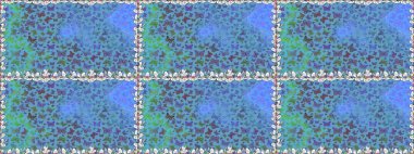 Raster. Tekstil, kumaş, baskı ve davetiye geçmişi. Kelebeklerle kusursuz desen. Mavi ve mor renkli illüstrasyon.