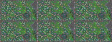 Raster illüstrasyonu. Tekstil, duvar kâğıtları, web sayfası arkaplanları ve yüzey dokuları için mükemmel. Renkli kelebeklerin yeşil ve mavi renklerdeki kusursuz arkaplanı.