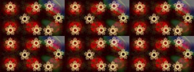 Kar tanelerinin soyut arkaplanlı Noel şablonu. Raster illüstrasyonu. Kahverengi, siyah ve kırmızı renkler. Noel ve Yeni Yıl moda baskıları için tatil tasarımı.