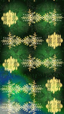 Noel ve yeni yıl moda baskıları için tatil tasarımı. Kar tanelerinin soyut arkaplanlı Noel şablonu. Yeşil, gri ve sarı kar taneleri. Renkler. Raster illüstrasyonu.