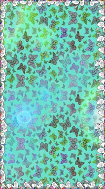 Yüzey dokuları, duvar kağıtları, web sayfası geçmişi, tekstil için mükemmel. Mavi ve yeşil renkli resimler. Renkli sevimli kelebek. Raster illüstrasyonu. Kusursuz desen arkaplanı.