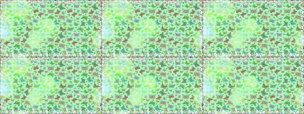 Tarafsız ve yeşil üzerinde sevimli kelebekler. Raster illüstrasyonu. Ambalajlar, duvar kağıtları, kumaş tasarımı ve kağıt için güzel bir arka plan. Renkli kelebeklerin kusursuz arka planı.