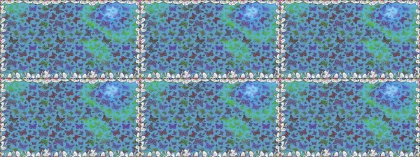 Mavi ve yeşil renkte güzel renkli kelebekler. Kumaş, tekstil, baskı ve davetiye için arka plan. Raster illüstrasyonu. Kusursuz desen.