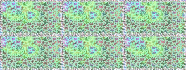 Raster. Mavi ve yeşil renklerle ilgili kusursuz çiçek desenli arka plan. Resimlerde tropik kelebekler görülür. Duvar kağıtları, web sayfası arkaplanları, yüzey dokuları, tekstil için mükemmel..