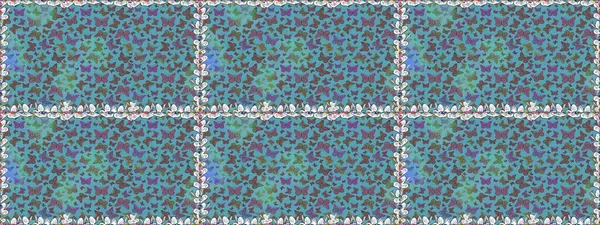 Raster illüstrasyonu. Kusursuz desen. Mavi ve kahverengi renkte güzel renkli kelebekler. Kumaş, tekstil, baskı ve davet için arkaplan.