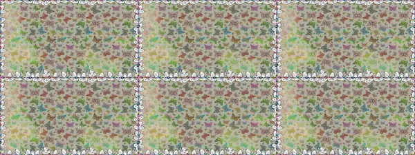 Kağıt, kumaş ve ambalaj için uygun. Gri ve nötr renklerde bir resim. Raster çiçekli, kelebekli kusursuz desen..