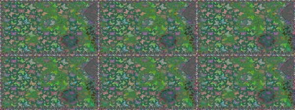 Raster illüstrasyonu. Tekstil, duvar kâğıtları, web sayfası arkaplanları ve yüzey dokuları için mükemmel. Renkli kelebeklerin yeşil ve mavi renklerdeki kusursuz arkaplanı.