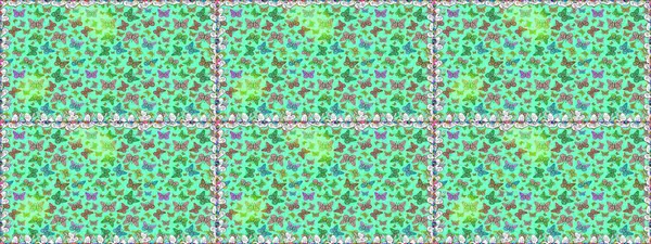 Tekstil baskısı için ekose kelebek. Raster illüstrasyonu. Mavi ve yeşil renkler üzerine illüstrasyon. Kusursuz desen. Karala, karala, karala.