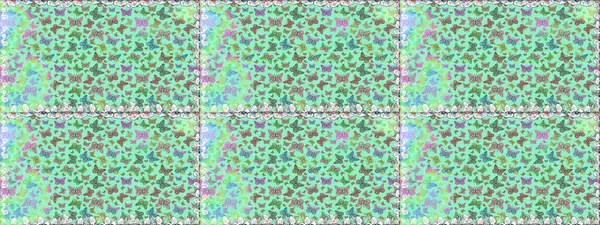 Tekstil, duvar kâğıtları, web sayfası arkaplanları ve yüzey dokuları için mükemmel. Tropikal temalı kelebek deseni. Mavi ve yeşil renkli şirin kelebek deseni. Raster illüstrasyonu.