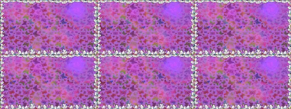 Raster illüstrasyonu. Menekşe ve mor üzerinde sevimli kelebekler. Ambalajlar, duvar kağıtları, kumaş tasarımı ve kağıt için güzel bir arka plan. Renkli kelebeklerin kusursuz arka planı.