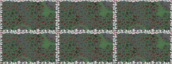 Raster. Egzotik Kelebeklerle tropik ve pürüzsüz bir düzen. Moda Kumaşı Tasarımı. Yeşil ve gri renkli resimler.