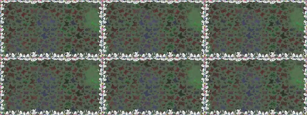 Kağıt, kumaş ve ambalaj için uygun. Kart, baskı ve davetiye için basit kadınsı bir model. Kusursuz. Raster illüstrasyonu. Yeşil ve gri arka planda renkli kelebek koleksiyonu.