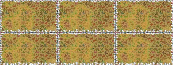 Kusursuz. Sarı ve kahverengi renkli resimler. Ambalajlar, duvar kağıtları, kumaş tasarımı ve kağıt için hoş bir arkaplan. Güzel kelebek raster desenli resim tasarımı.