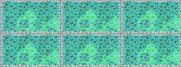 Kusursuz desen. Raster illüstrasyonu. Karala, karala, karala. Tekstil baskısı için ekose kelebek. Mavi ve yeşil renkler üzerine resim.