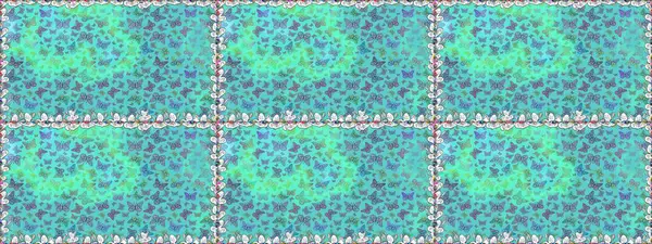 Dekoratif Raster çizimi. Renkli romantik kelebekler kusursuz desenli arka plan. Mavi ve yeşil renklerin soyut arkaplanı. Elle çizilmiş kelebeklerle.