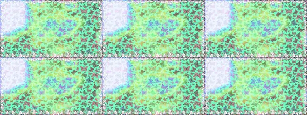 Tekstil, kumaş, baskı ve davetiye geçmişi. Kelebeklerle kusursuz desen. Raster. Yeşil ve mavi renkli illüstrasyon.