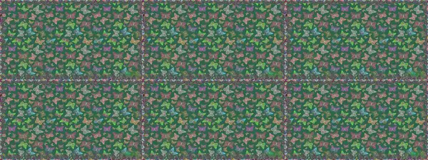 Parlak kelebeklerin geçmişi. Güzel renkli kelebekler kaotik bir şekilde mavi ve gri renklerde uçarlar. Uçan güvelerle çok renkli bir arka plan. Raster sanatı. Kumaş, kağıt, ambalaj için uygun