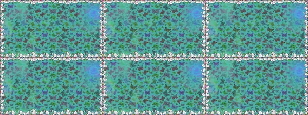 Doğadaki güzellik. Raster. Kumaş, tekstil, baskı ve davetiye örnekleri. Mavi ve yeşil arka planda uçan güzel kelebek. Kusursuz desen.