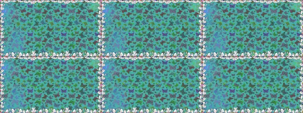 Erkekler, kızlar, elbiseler, duvar kağıtları için soyut, pürüzsüz desen. Raster illüstrasyonu. Fantezi sevimli illüstrasyon. Mavi ve yeşil arka plandaki suluboya kelebeklerin.