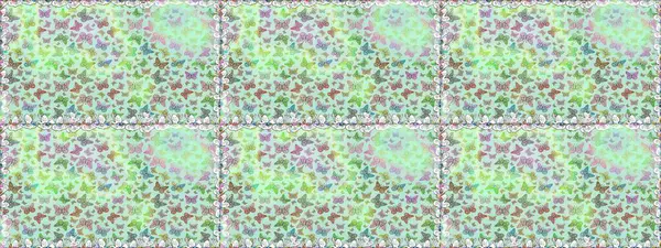 Bahar ve yaz tropikal kelebek desenleri nötr ve yeşil renklerde. Kumaş, kağıt ve ambalaj için uygun. Raster illüstrasyonu. Kelebek gölgeleri ve siluetler.