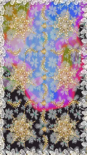 Çiçekli süslemeli, pürüzsüz bir desen. Doğu tarzında klasik tasarım öğesi. Gri renkli geleneksel Arapça dekor. Süslü dantel iz sürücü. Duvar kağıdı için altın süslü illüstrasyon.