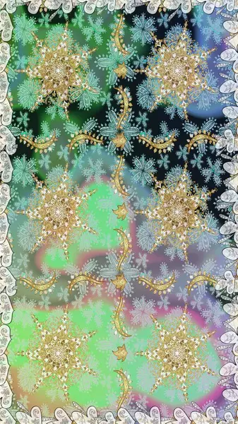 Tarafsız renklerde altın rengi ve altın elementler üzerinde altın pürüzsüz desen. Kusursuz damaske klasik altın desen. Tekrarlayan elementlerle soyut arkaplan oluşturun. Raster illüstrasyonu.