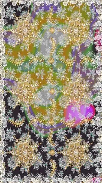 Gri renklerdeki altın element. Barok tarzında altın çiçekli süs. Altın çiçekli, pürüzsüz desen. Damask arkaplanı.