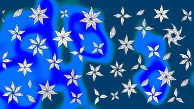 Raster illüstrasyonu. Yumuşak, mavi renkte bahar çiçekleri. Patlayan çiçekler soyut olarak yerleştirilmiş. Raster deseni.