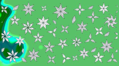 Raster çiçek desenli çiçek deseni, yapraklar, dekoratif elementler, sıçrama, lekeler, el çizimi kontur çizgileri ve Doodle çizim stili, grafik raster çizim çizimi.