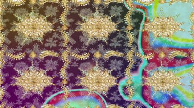 Tarafsız renklerde altın elementler. Çiçek deseni. Şık bir grafik desen. Duvar kâğıdı barok, İspanyol kumaşı. Çizim raster arkaplanı.