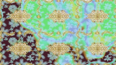 Altın şablonu çiz. Tarafsız renkler ve altın elementler. Çiçek desenli altın metal. Raster altın çiçek süsü brokar kumaş ve cam desenli..