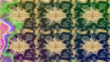 Yeşil renkler ve altın elementler üzerine çizim. Klasik klasik klasik arka plan. Klasik Raster Golden eskiz kalıbı. Geleneksel oryantasyon süsü.