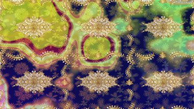 Tekrarlayan elementlerle soyut arkaplan oluşturun. Altın elementli mavi renklerde altın eskiz deseni. Klasik altın desenli eskiz. Raster illüstrasyonu.