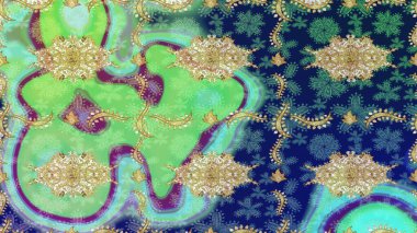 Barok tarzında duvar kâğıdı tasarımı için eskiz şablonu arka planı. Altın elementlerle mavi renklerde altın desen. Süslü raster dekorasyonu.