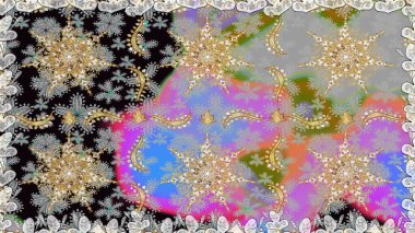 Raster illüstrasyonu. Kusursuz altın desenli bukleler. Parlak dantel, stilize çiçekler, şal desenli. Gri renklerde ve altın elementlerle. Hassas altın deseni açın. Doğu tarzı arabesk.