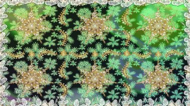 Raster illüstrasyonu. Doğum günü kartı, davetiye ya da afiş için iyidir. Dekoratif simetri arabesk. Kusursuz ortaçağ çiçek deseni. Yeşil renkte altın.