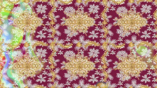 Altın kar tanesi basit bir çizim kalıbı. Kırmızı renkte Raster altın deseni. Soyut duvar kâğıdı, ambalaj dekorasyonu. Kışın sembolü, Mutlu Noel tatili, Mutlu yıllar 2019.